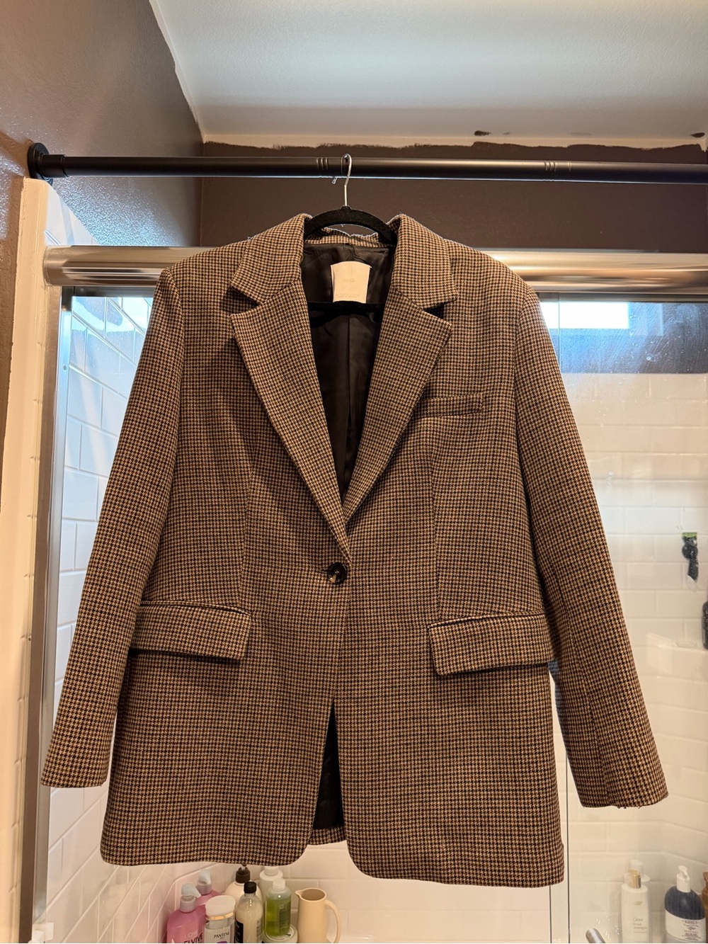 Mango Brown & Cream Houndstooth Single-Button Blazer